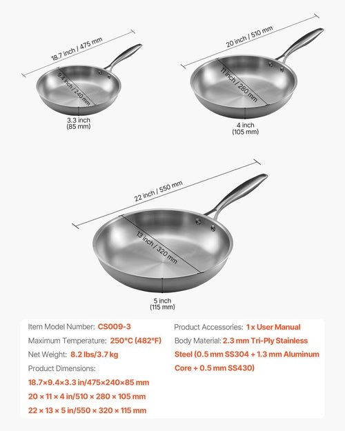 Tri-Ply Stainless Steel Frying Pan, 3 Piece (240, 280, 320 mm),
